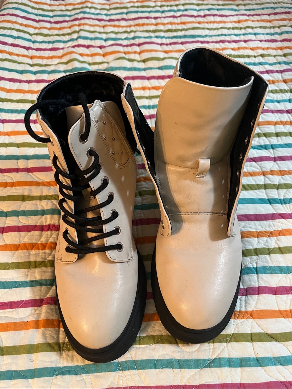 Girls faux leather sand colored boots with black, chunky soles , laces + zippers